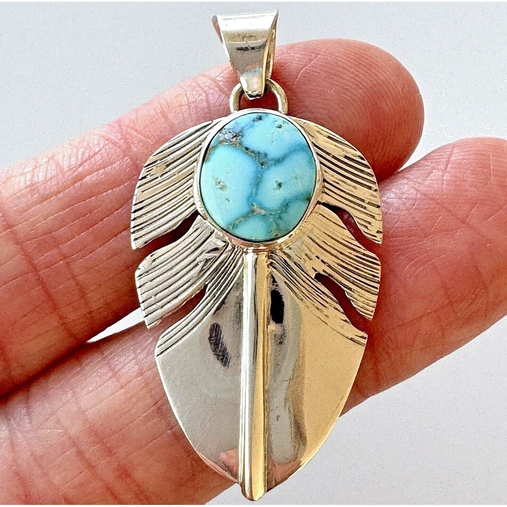 Feather Navajo Sonoran Gold Turquoise Pendant Sterling Signed D Wylie 1.5"